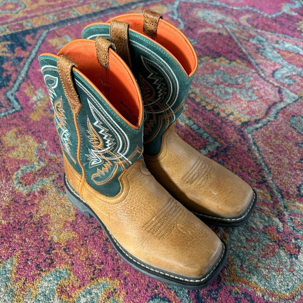 Ariat | Kids Brown Leather Orange/Green Design WorkHog XT Coil Western Boot 3.5
